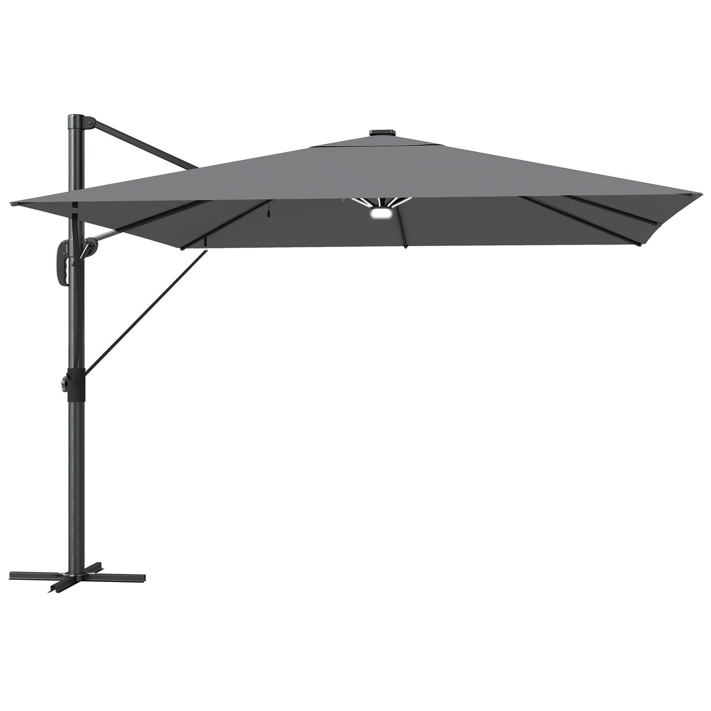Outsunny 3 x 3 m Garden Cantilever Parasol with Light, Cover, Overhanging Umbrella w/ Wind Protection, 360 degrees Rotation, Light Grey