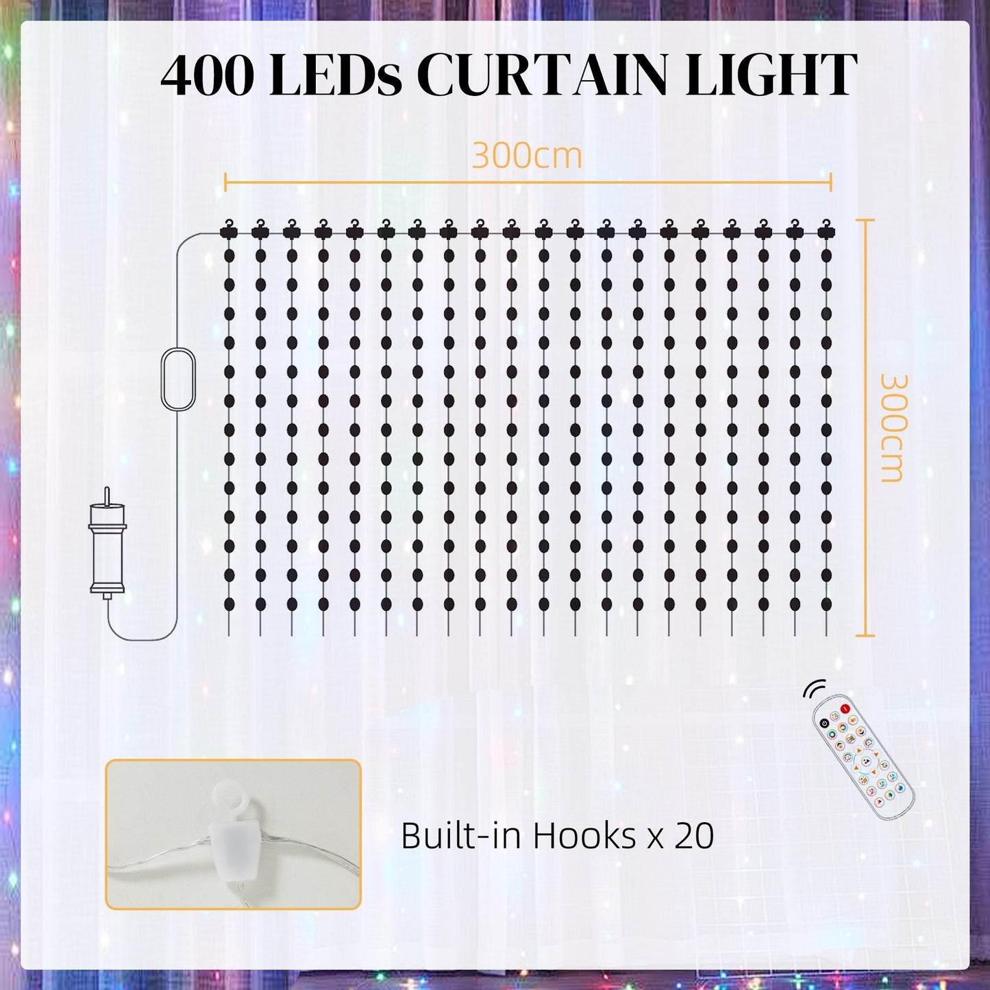 HOMCOM LED Curtain Lights, Smart Curtain Fairy Lights Plug In, Colour Changing Wall Lights with Remote, App, Dynamic DIY Hanging Window String Lights for Bedroom Living Room, 3x3(m), 400 RGBIC LED
