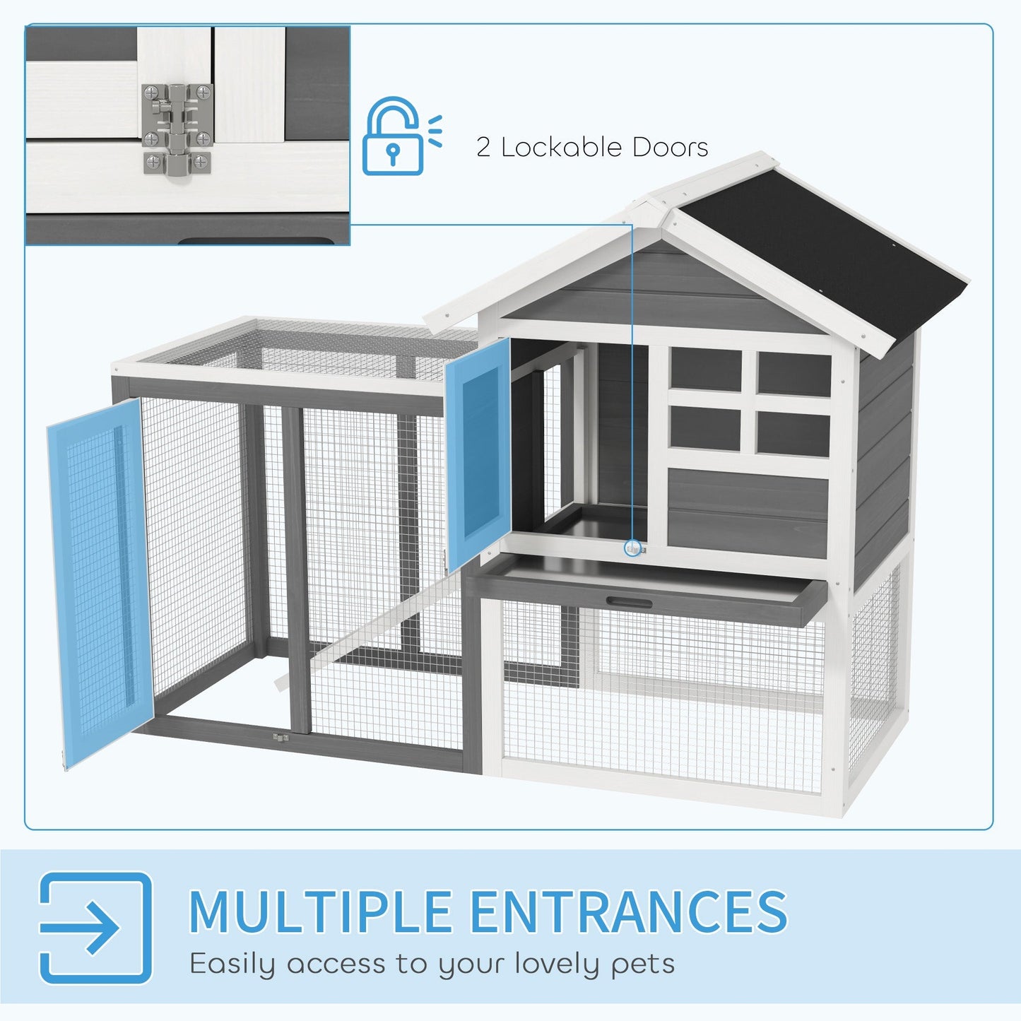 PawHut Rabbit Hutch Outdoor Wooden Guinea Pig Hutch Rabbit Run Bunny Cage Small Animal House Pull-Out Tray, Grey, 122 x 62.6 x 92 cm