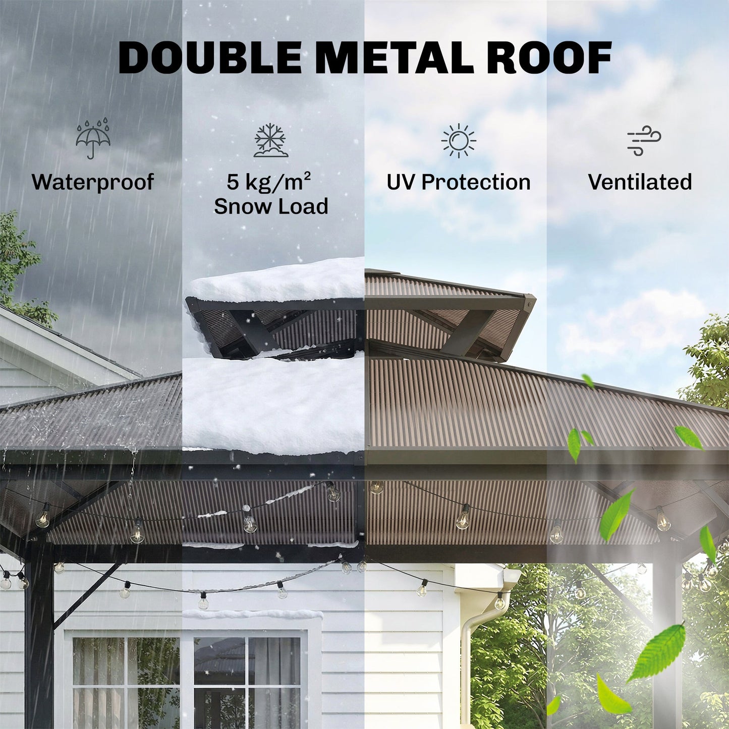 Outsunny 2.5 x 1.5 m Hardtop Grill Gazebo with Double Roof, Aluminium Outdoor BBQ Gazebo Shelter with 2 Side Shelves, Brown