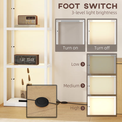 HOMCOM LED Floor Lamp with Glass Shelves, 4 Layers Dimmable Tall Standing Lamp, Modern Column Shelf Floor Light for Living Room, Bedroom, Office, White