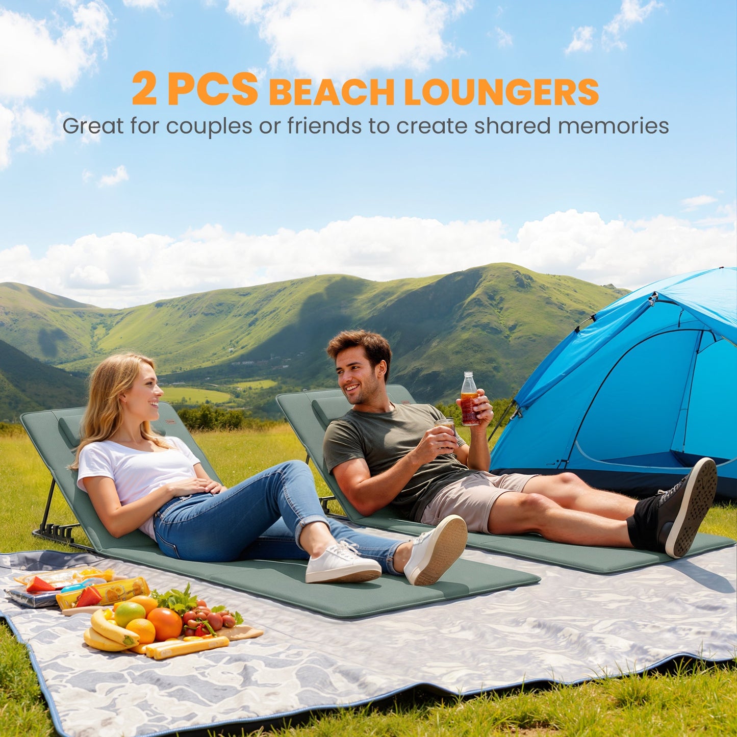 Outsunny Foldable Sun Loungers Set of 2, Portable Folding Beach Lounger with 4-level Adjustable Backrest, Grey