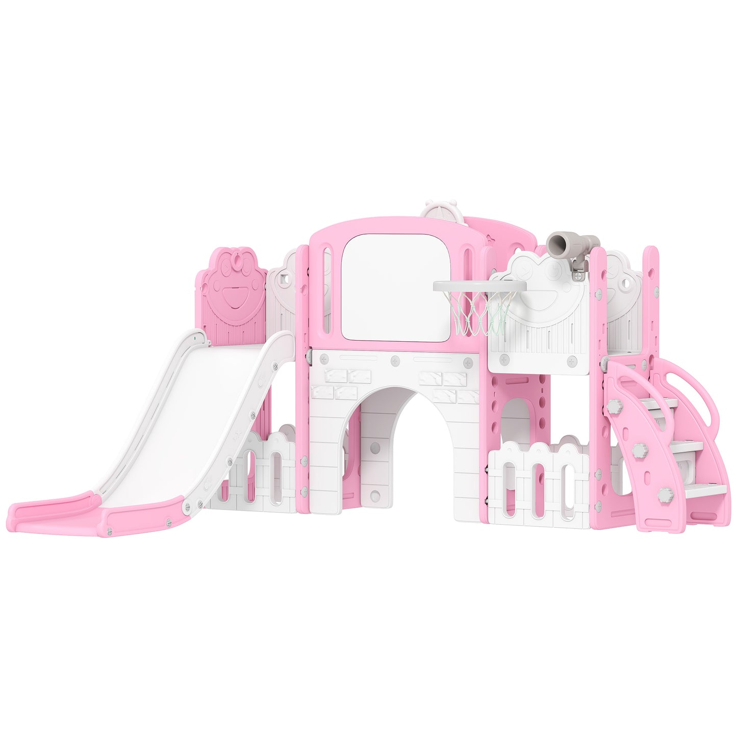 AIYAPLAY 7 in 1 Toddler Slide Set with Basketball Hoop, Climbing Frame, Telescope, Drawing Board, Storage Box, Pink