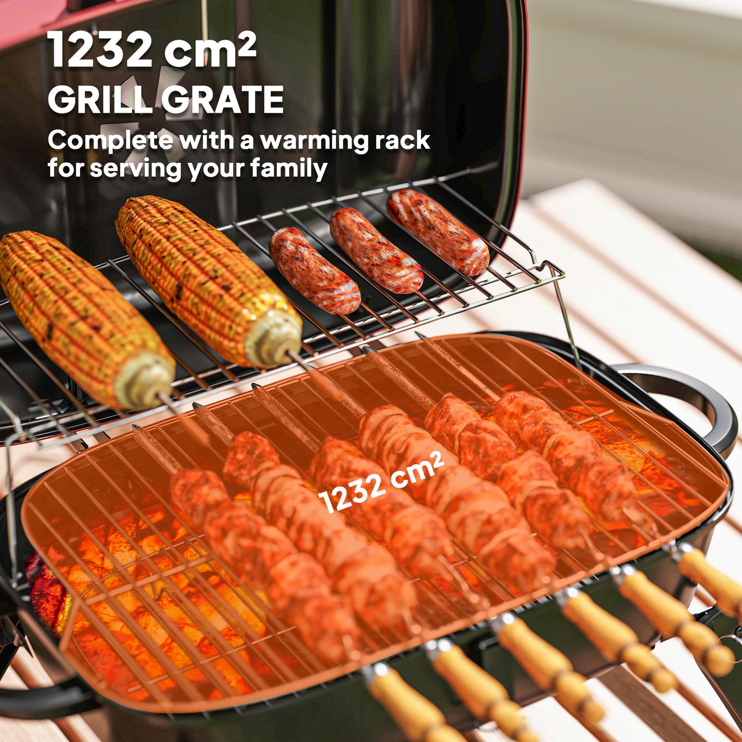 Outsunny Charcoal Barbecue Grill Folding BBQ Grill with 1232 cmÂ² Cooking Area, Adjustable Vent, Thermometer, Handles for Camping Picnic, Red