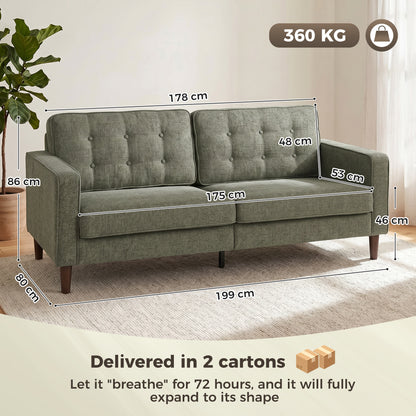 HOMCOM 3 Seater Sofa Button Tufted Upholstered Velvet Couch with Wood Legs for Living Room, Green