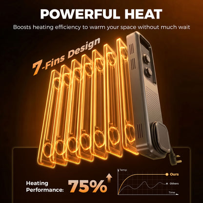 HOMCOM 2000W Oil Filled Radiator, 9 Fin, Portable Electric Heater with 3 Heat Settings, Safety Cut-Off and Wheels, Grey