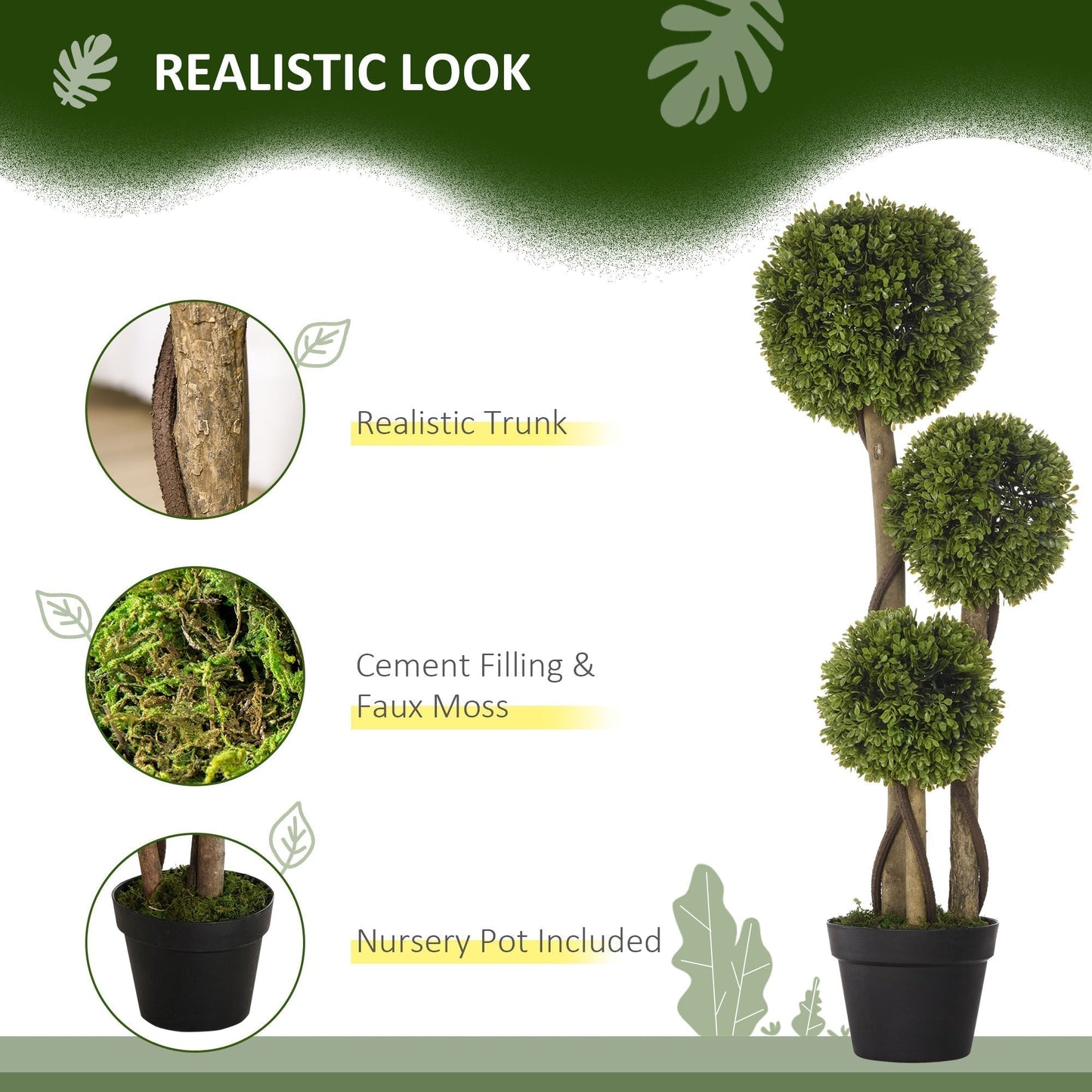 HOMCOM Set of 2 Decorative Artificial Plants, Boxwood Ball Topiary Trees in Pot Fake Plants for Home, Indoor&Outdoor Decor, 90 cm, Light Green
