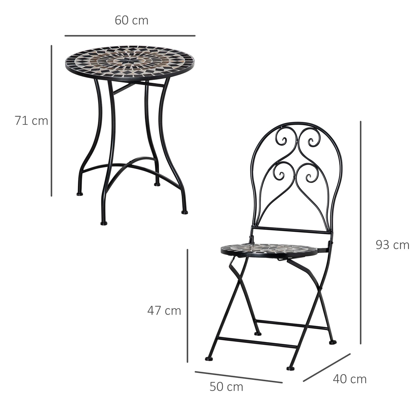 Outsunny 3 Pieces Garden Bistro Set with Coffee Table and 2 Folding Single Chairs, Mosaic Garden Table Top and Seats, Metal Frame, for Patio Balcony, Black