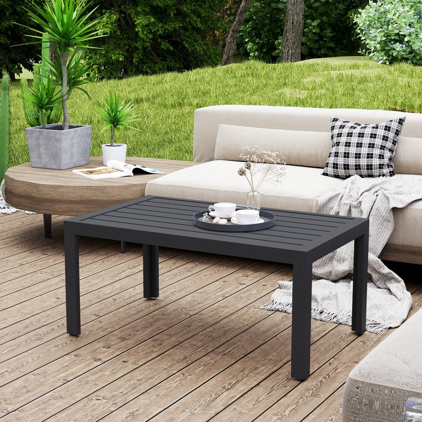 Outsunny Outdoor Side Table, Rectangular Patio Coffee Side Table with Steel Frame and Slat Tabletop for Garden, Balcony, Grey