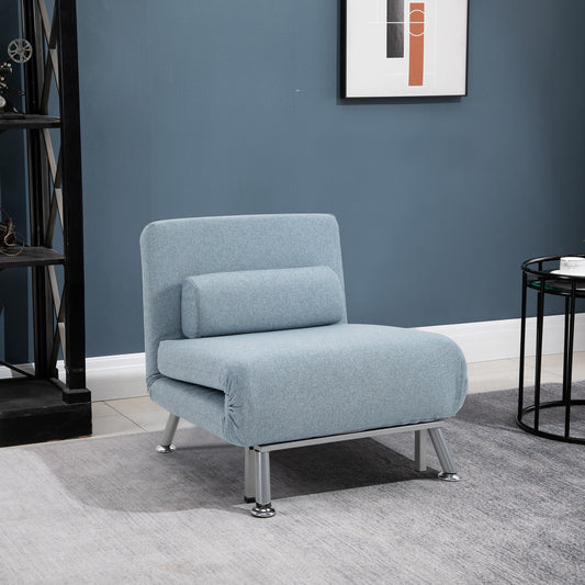 HOMCOM Single Sofa Chair Bed, Linen Fabric 3-in-1 Convertible Sleeper Chair with 5-Position Adjustable Backrest, 75cm Wide Seat, Pillow for Living Room, Bedroom, Sky Blue