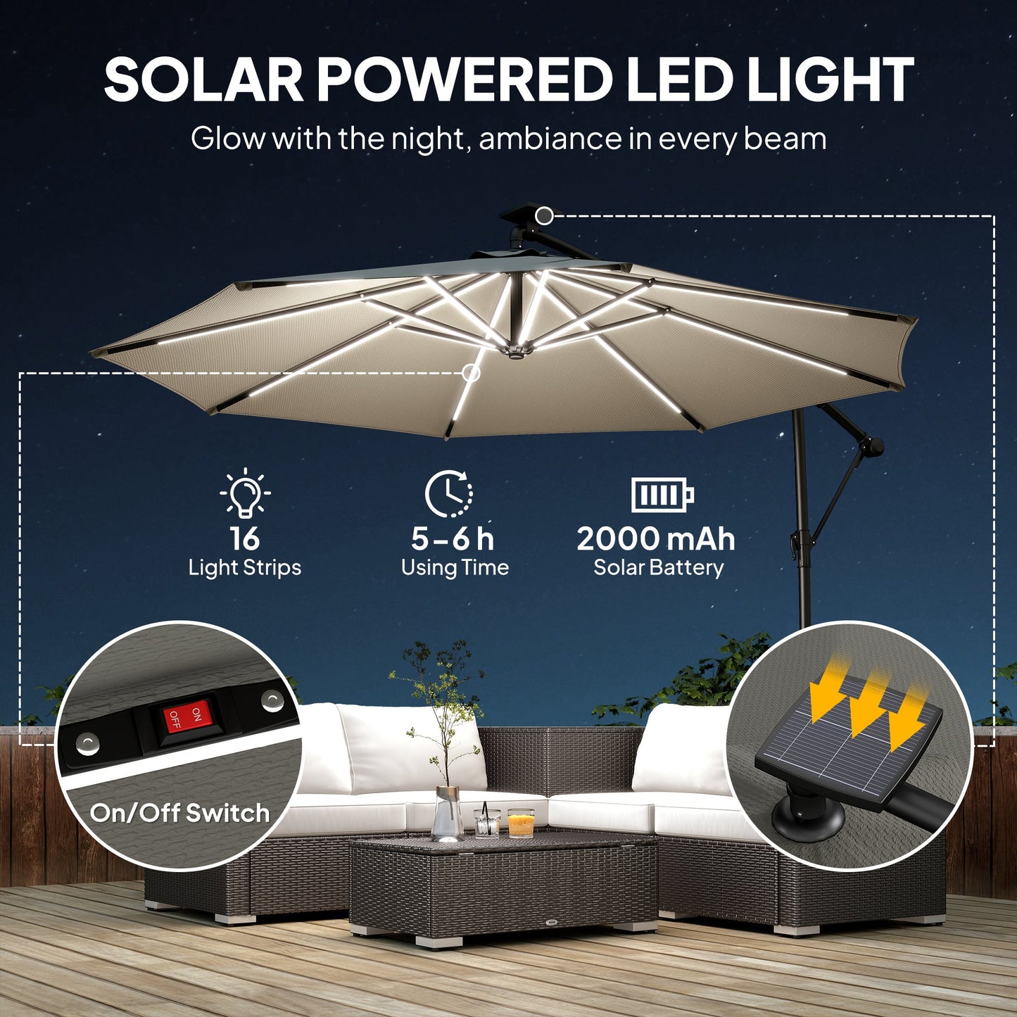 Outsunny 3 m Garden Cantilever Parasol with LED Solar Light, Round Overhanging Umbrella with 360Â° Rotation, Cover, Grey