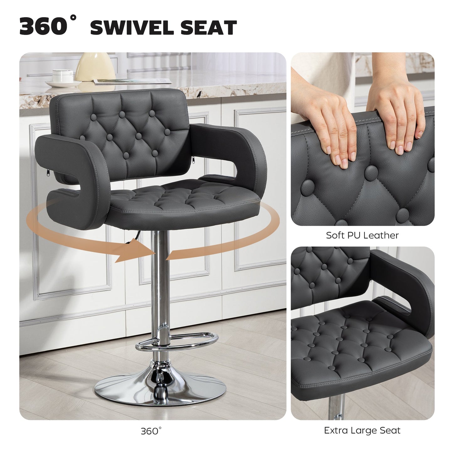 HOMCOM PU Leather Upholstered Swivel Bar Stool, Height Adjustable with Back, Armrest, Footrest, Grey