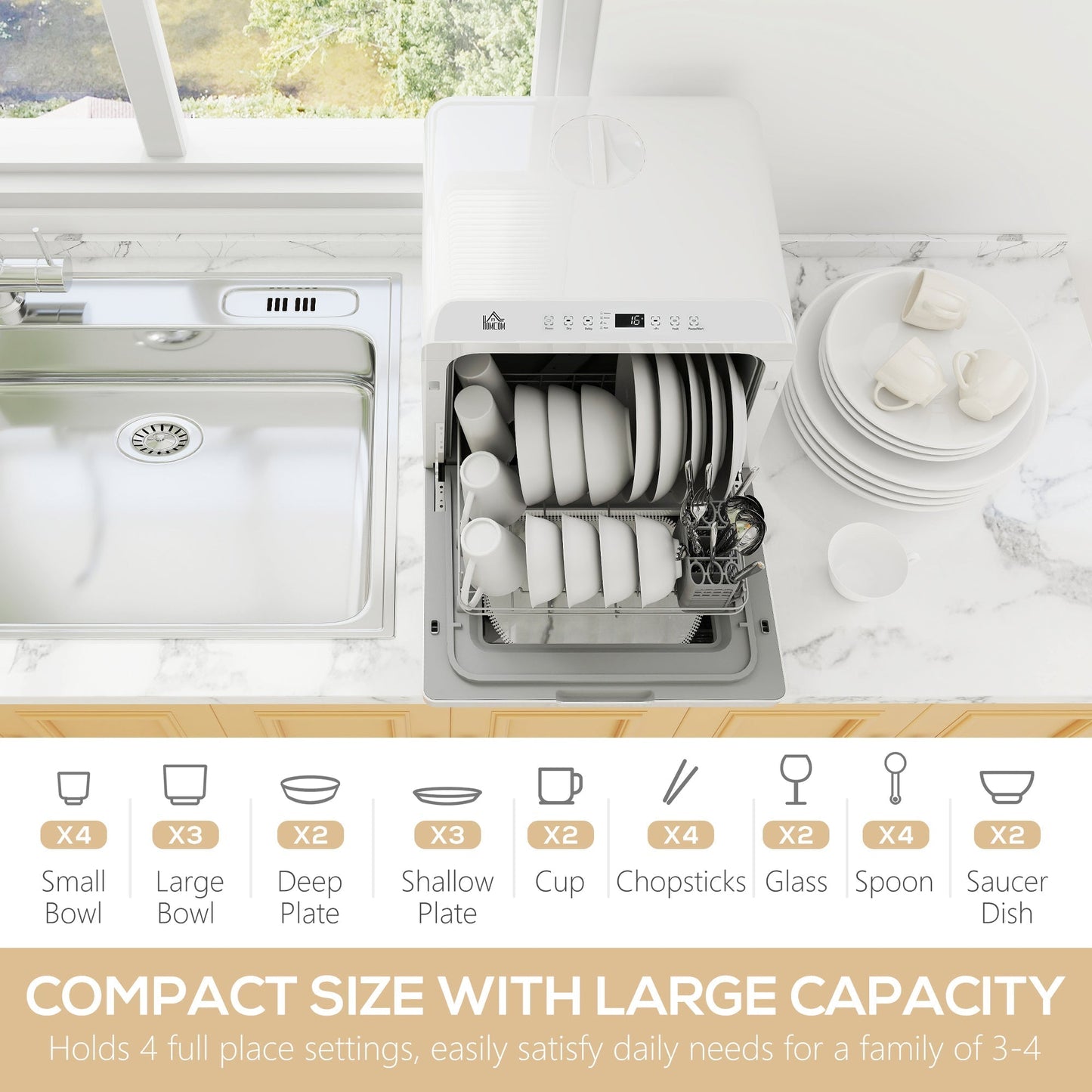 HOMCOM Table Top Dishwasher with Built-in 6L Water Tank, Mini Countertop Dishwasher with 6 Programs, 4 Place Settings, White