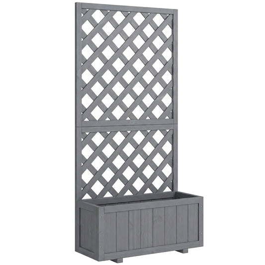 Outsunny Wood Planter with Trellis for Climbing Plants, Raised Bed, Planter Box with Drainage Holes to Grow Herbs Flowers, Grey