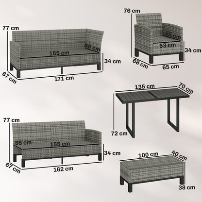 Outsunny 9 Seater Rattan Garden Furniture Corner Sofa Set, Outdoor Dining Set with Faux Wood Table, Ottoman, Cushions, Dark Grey