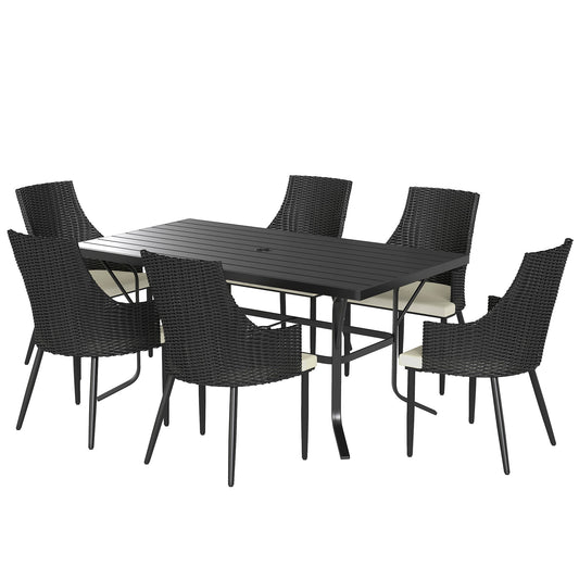 Outsunny 6 Seater Rattan Dining Set with Cushions, Garden Furniture Set with Armchairs, Rectangle Slatted Table Top, Steel Frame, Parasol Hole, Wicker Outdoor Furniture for Patio, Balcony, Cream White