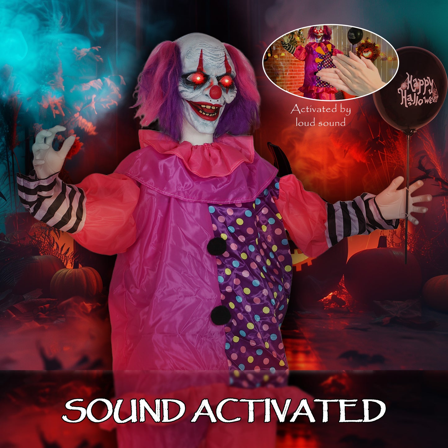 Outsunny 5â²7â³ Scary Animated Clown Decoration - Pink/Purple