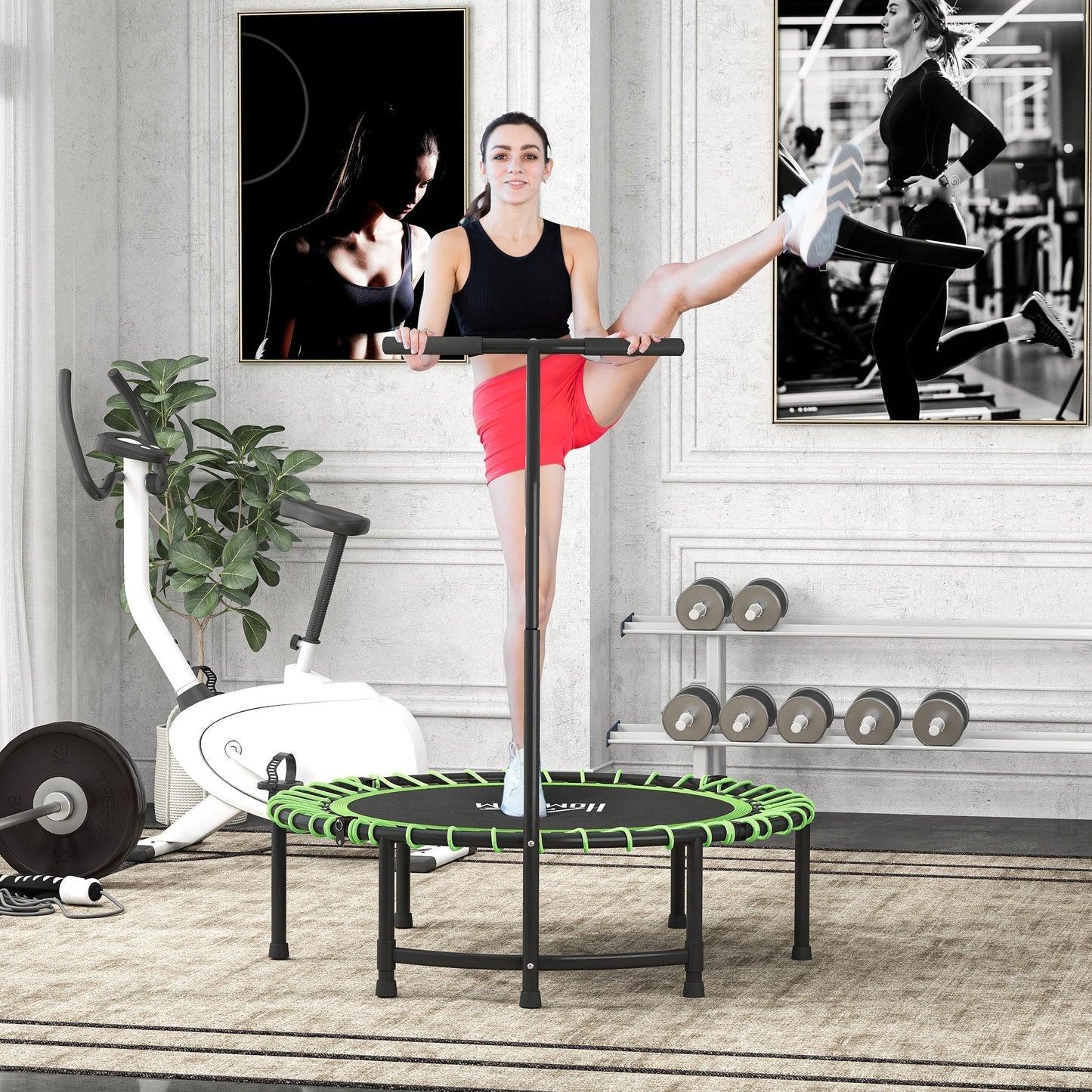 HOMCOM Mini Round Steel Frame Trampoline w/ Adjustable Handle, Green