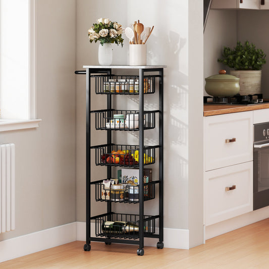 HOMCOM Five Basket Mobile Kitchen Island, with Brakes - Grey/Black