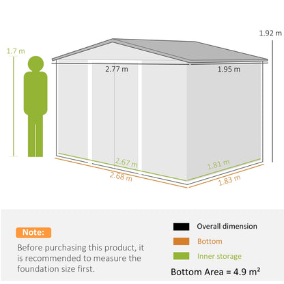 Outsunny Garden Storage Shed, Metal Outdoor Storage Shed House with Foundation Kit, Ventilation, Doors, 9 x 6FT, Grey