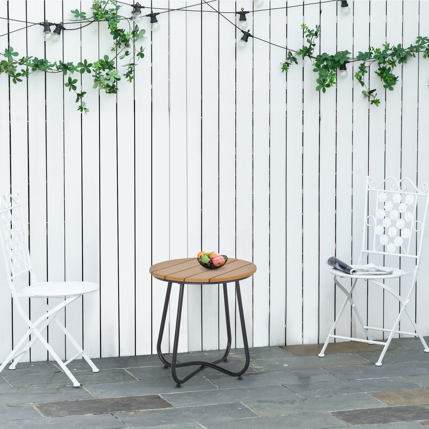 Outsunny Round Outdoor Side Table Adjustable Leg Pads Garden Table 49 x 49 x 48 cm Natural Wood & Black