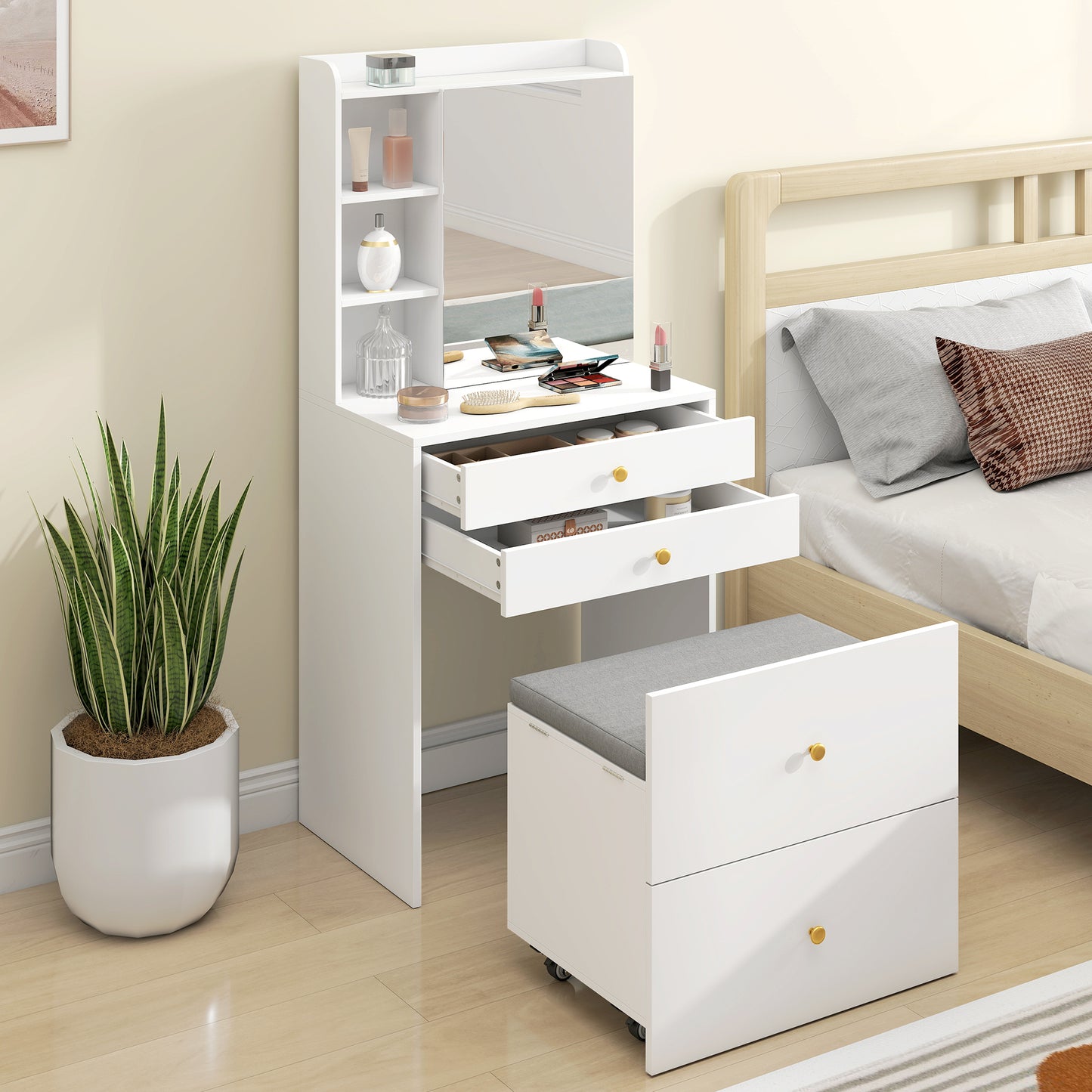 HOMCOM Dressing Table with Mirror and Mobile Storage Stool, Compact Vanity Table with Cabinet, Drawers, Open Shelves, White