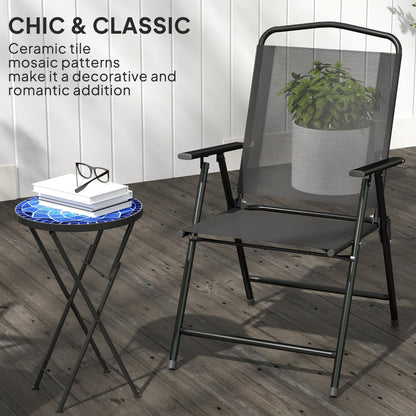 Outsunny Mosaic Outdoor Garden Table, 35.5cm Round Folding Coffee Table with Metal Frame for Balcony Terrace, Navy Blue