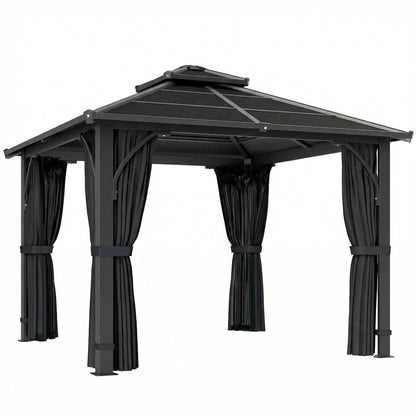 Outsunny 2.5 x 2.5 m Hardtop Gazebo Canopy with 7mm PC Roof, Garden Gazebo Permanent Pavilion with Netting, Curtains, Dark Grey