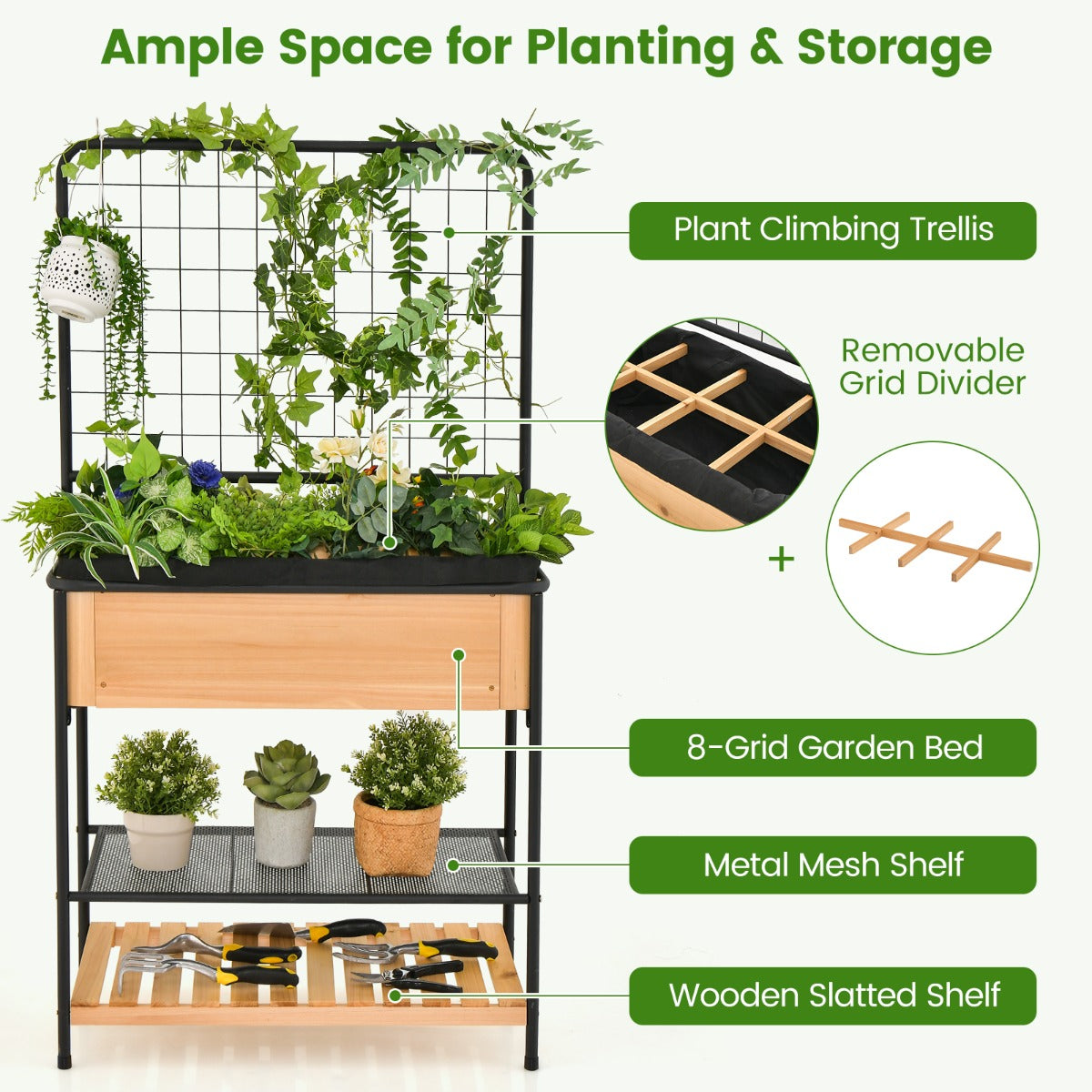 Raised Garden Bed with Trellis and 2-tier Storage Shelves-Natural