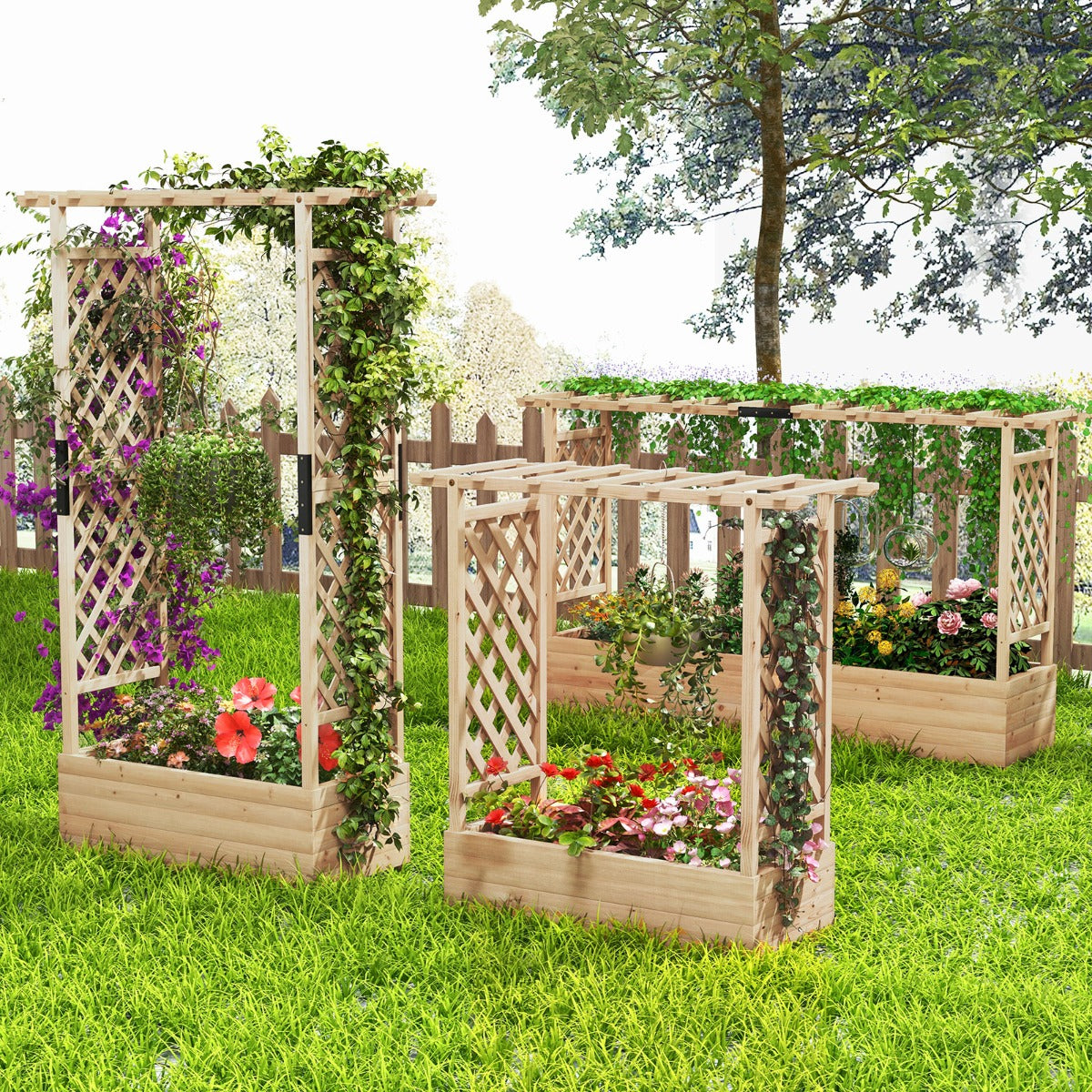 Raised Garden Bed Fir Wood Planter Box with 2-Sided Trellis and Hanging Roof-Natural