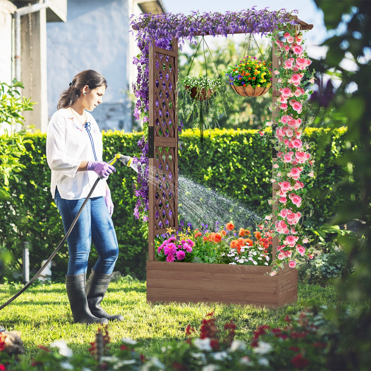 Raised Garden Bed Fir Wood Planter Box with 2-Sided Trellis and Hanging Roof-Brown