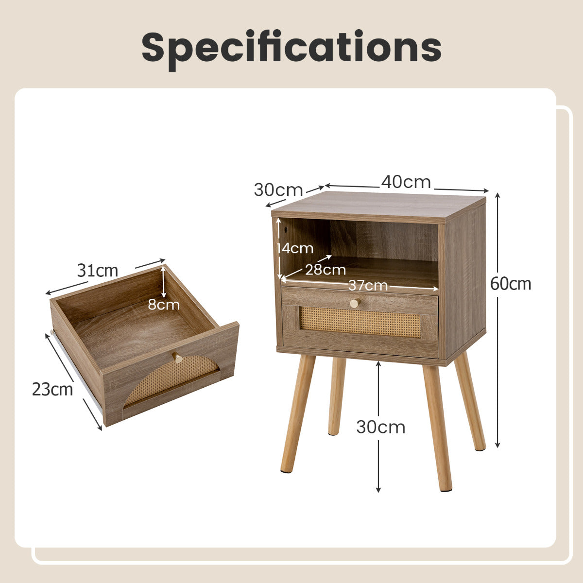 Rattan Nightstand Set of 1 with Rattan Drawer and Open Shelf-Natural