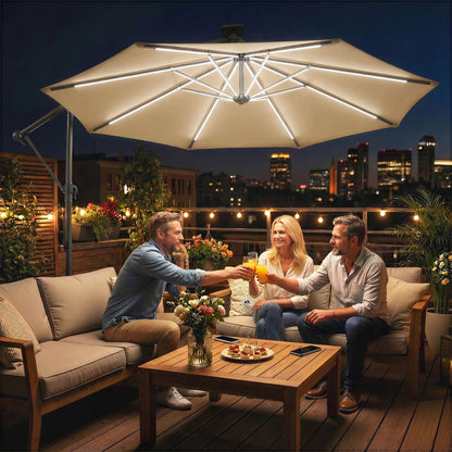 Outsunny 3 m Garden Cantilever Parasol with LED Solar Light, Round Overhanging Umbrella with 360Â° Rotation, Cover, Khaki