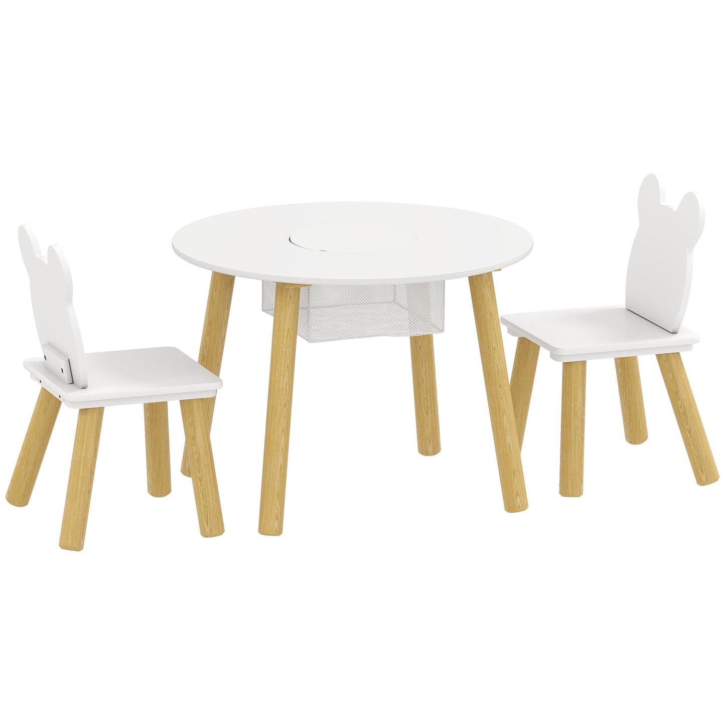 AIYAPLAY 3-Piece Kids Activity Table Set with Centre Mesh Bag, Bear-Shaped Backrest, for Arts and Crafts, Reading, White