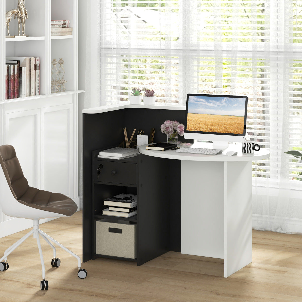 Corner Front Reception Counter Desk with Lockable Drawer-Black & White