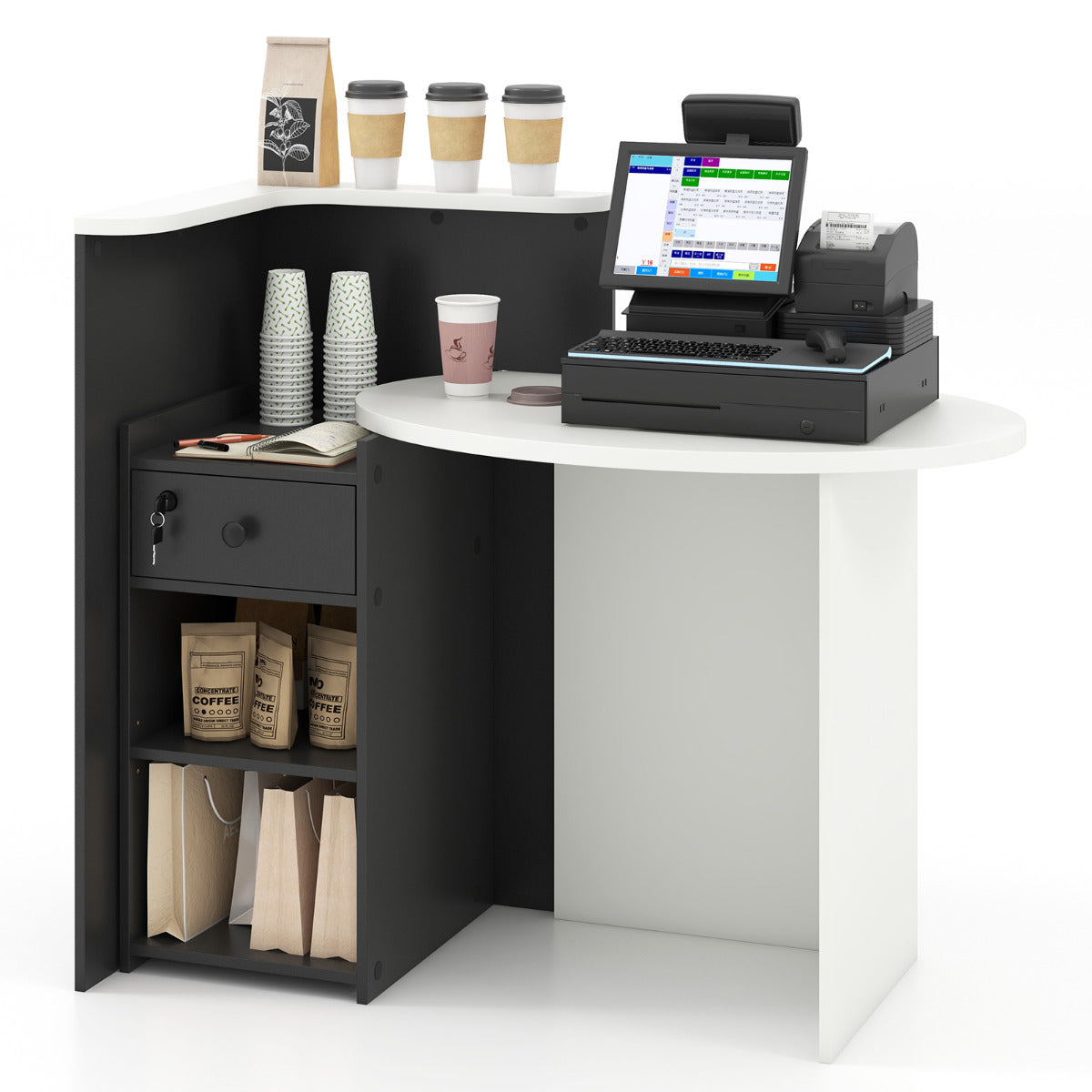 Corner Front Reception Counter Desk with Lockable Drawer-Black & White