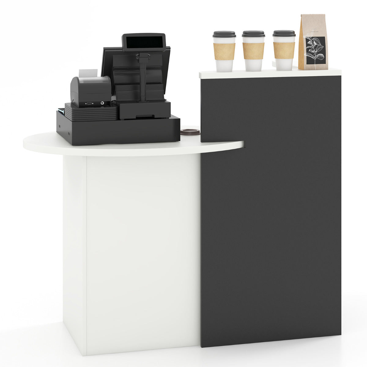 Corner Front Reception Counter Desk with Lockable Drawer-Black & White