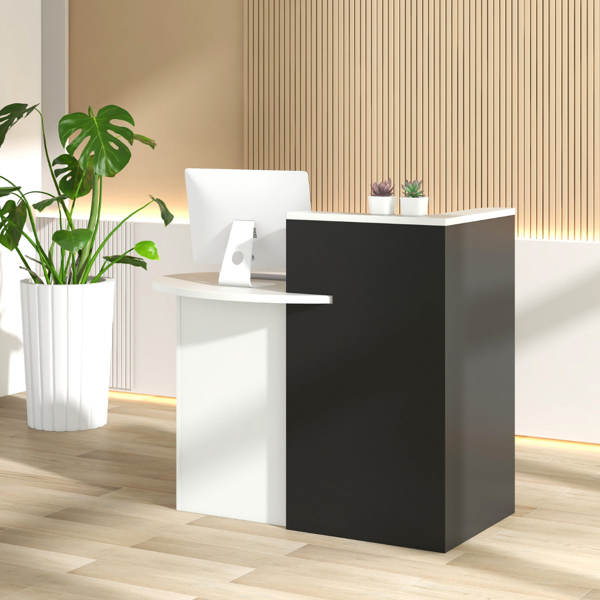 Corner Front Reception Counter Desk with Lockable Drawer-Black & White