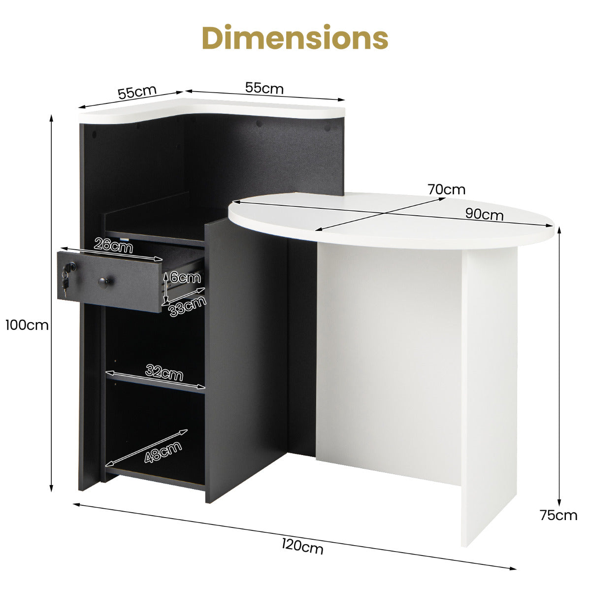 Corner Front Reception Counter Desk with Lockable Drawer-Black & White