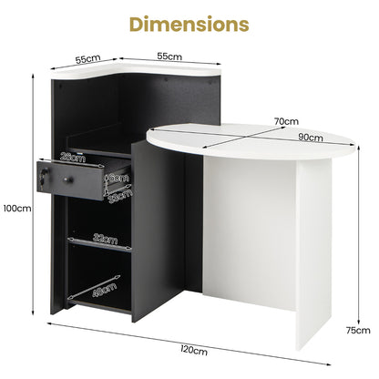 Corner Front Reception Counter Desk with Lockable Drawer-Black & White