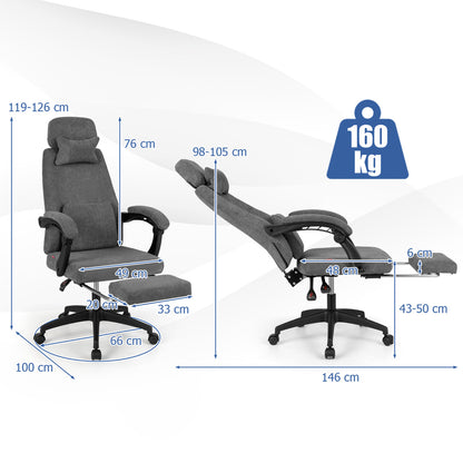 Reclining Home Office Chair Chenille Fabric Upholstered Computer Desk Chair with Padded Linkage Armrests-Grey