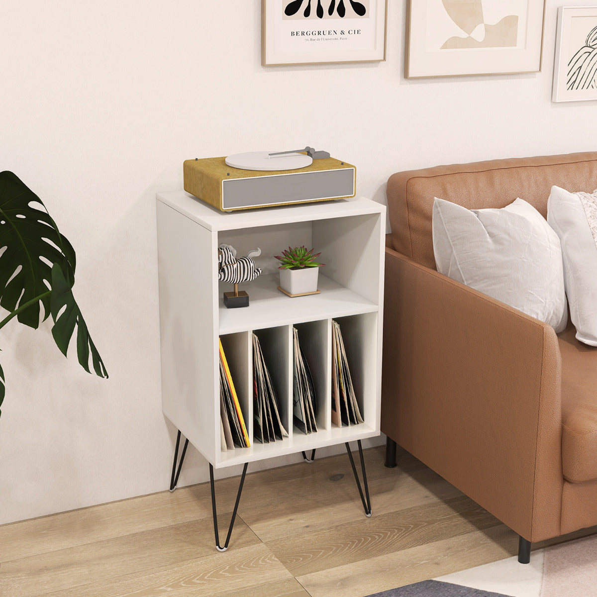 Record Player Stand 3-Tier Turntable Stand with Charging Station Vinyl Record Storage Table-White