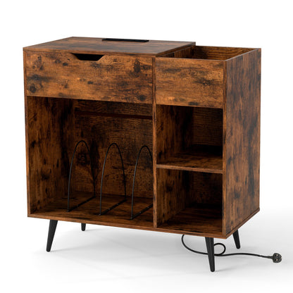 Record Player Stand with Built-In Power Strip and 3 Dividers-Rustic Brown