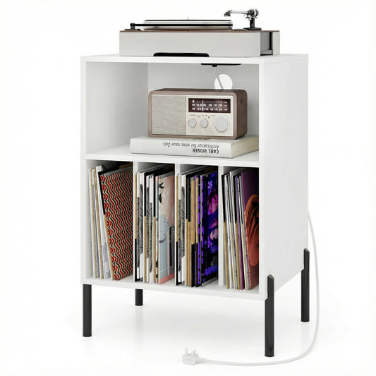 Record Player Stand Turntable Stand with Charging Station-White