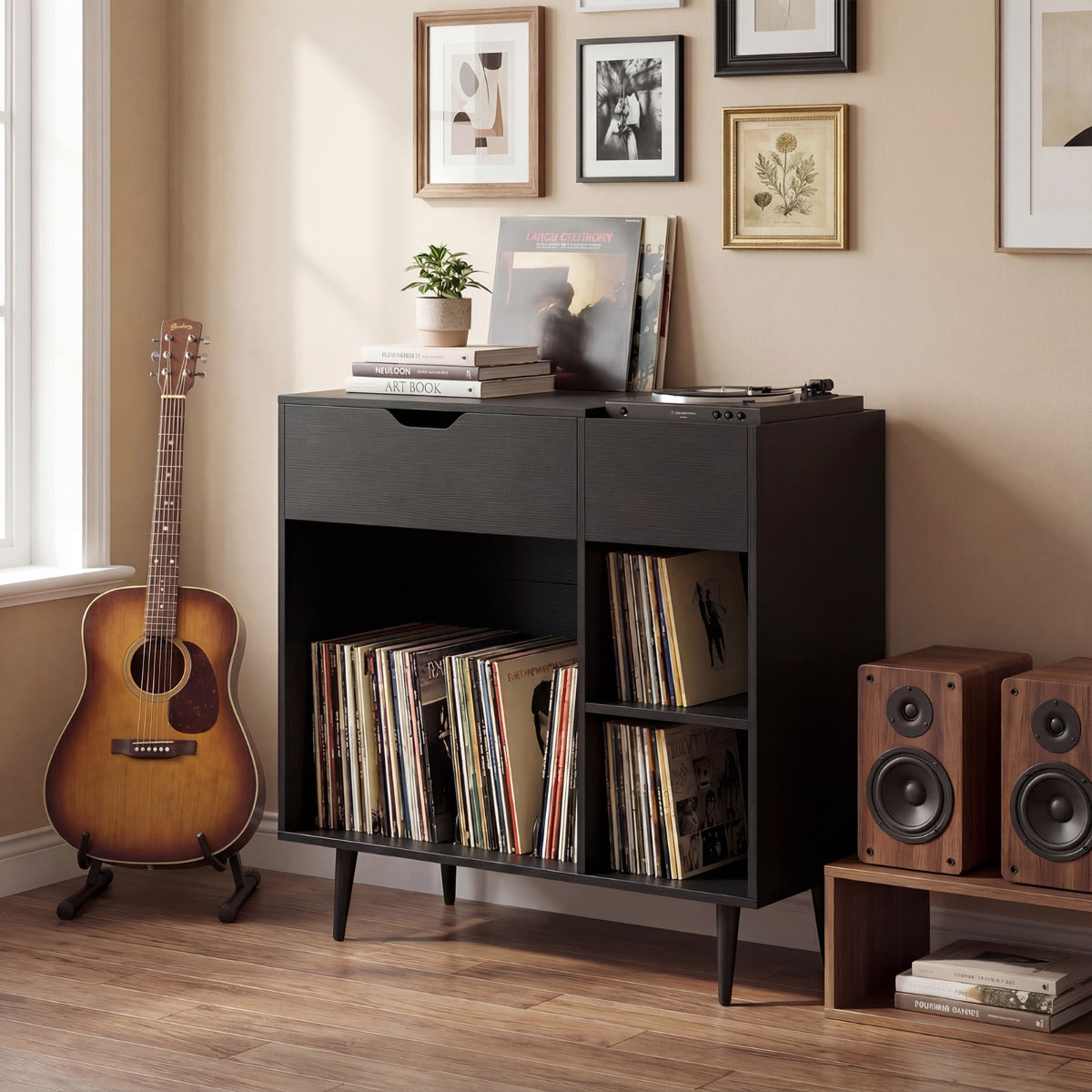 Record Player Stand with Built-In Power Strip and 3 Dividers-Black
