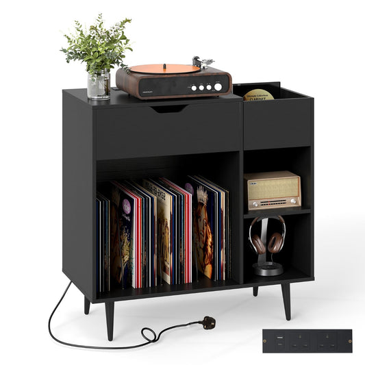 Record Player Stand with Built-In Power Strip and 3 Dividers-Black