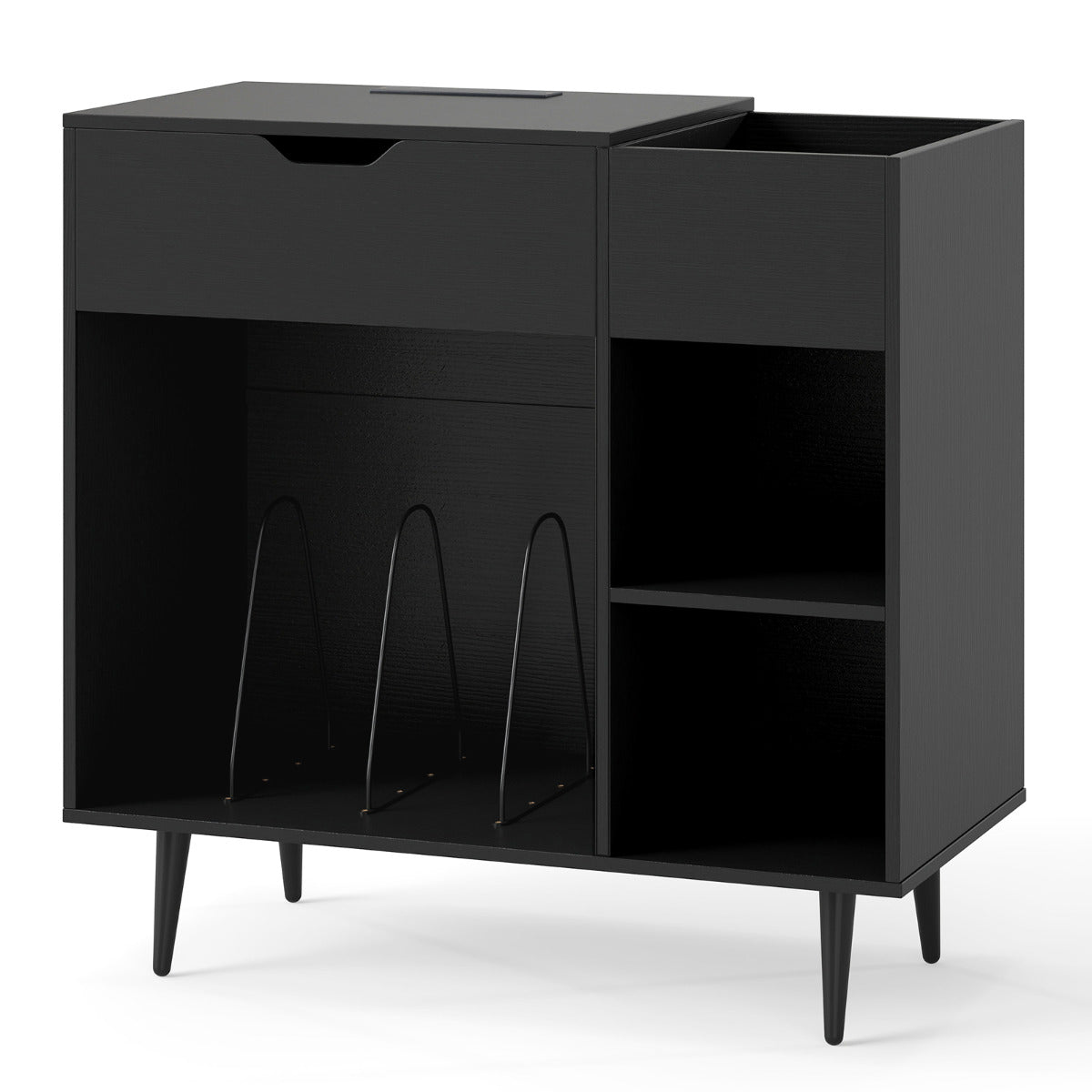Record Player Stand with Built-In Power Strip and 3 Dividers-Black