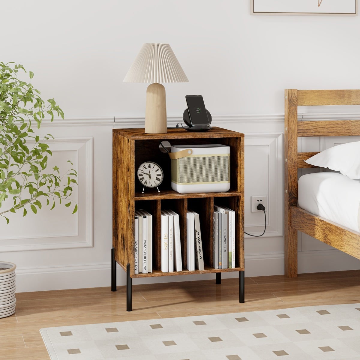 Record Player Stand with Charging Station and 5 Storage Compartments-Brown