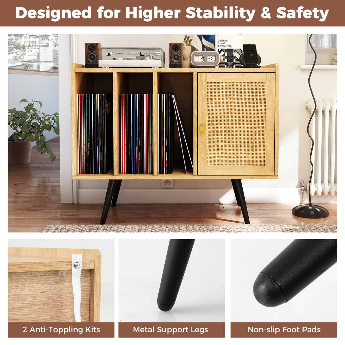 Record Player Stand with Charging Station Turntable Stand with Shelves and Adjustable Shelf-Natural