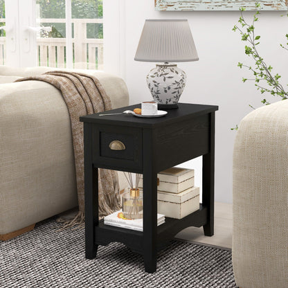 Rectangular Nightstand with 1 Drawer 1 Storing Shelf and 4 Solid Rubber wood Legs-Black